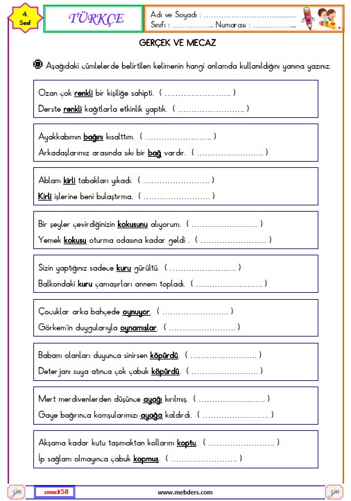 4. Sınıf Türkçe Gerçek, Mecaz ve Terim Anlam Etkinliği 1