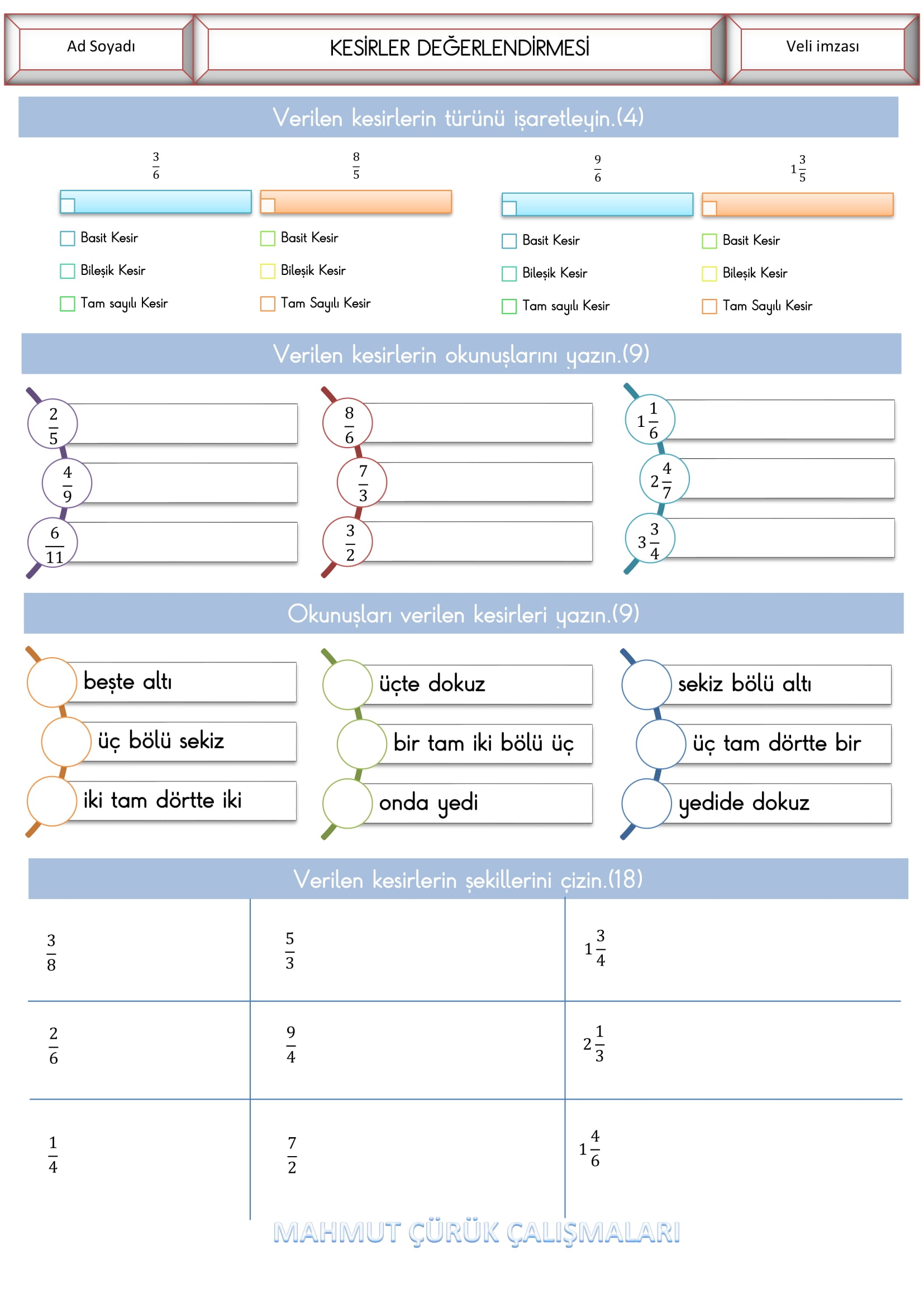 4.Sınıf - Matematik Kesirler Değerlendirmesi-1