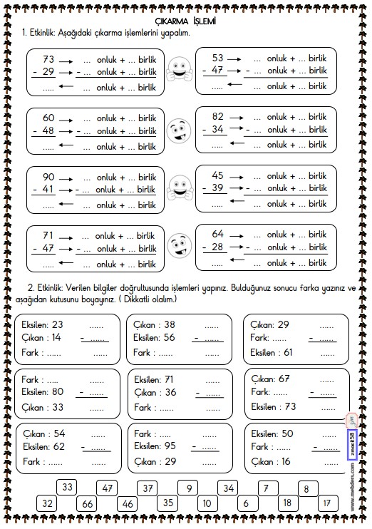 2. Sınıf Matematik Onluk Bozarak Çıkarma İşlemi Etkinliği 2