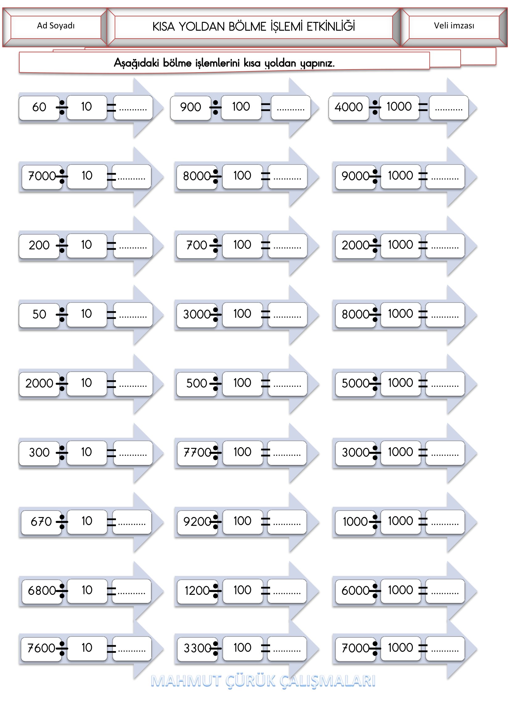 4.Sınıf - Matematik Kısa Yoldan Bölme İşlemi Etkinliği