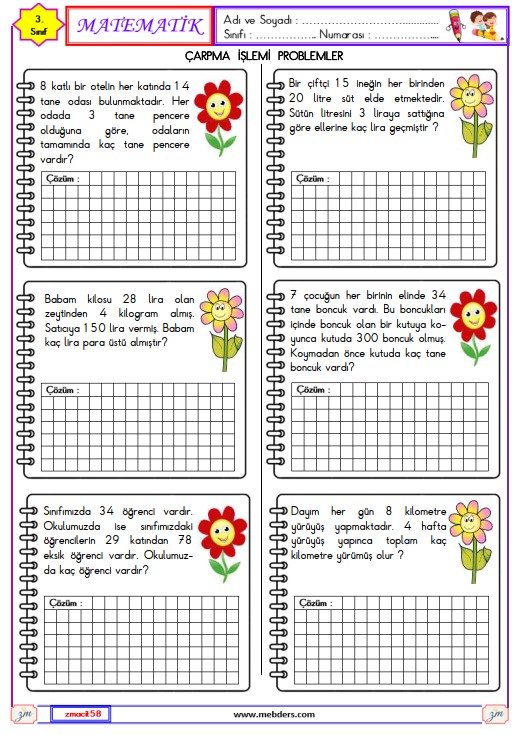 3. Sınıf Matematik Çarpma İşlemi Problemler  Etkinliği 6