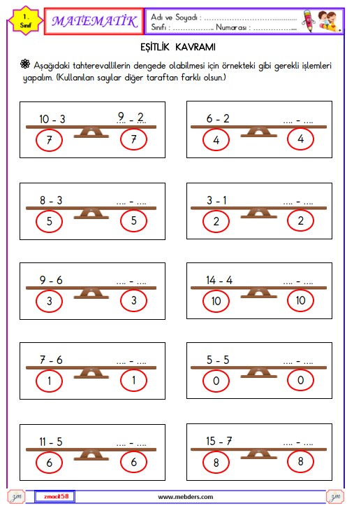 1. Sınıf Matematik Eşitlik Etkinliği 6