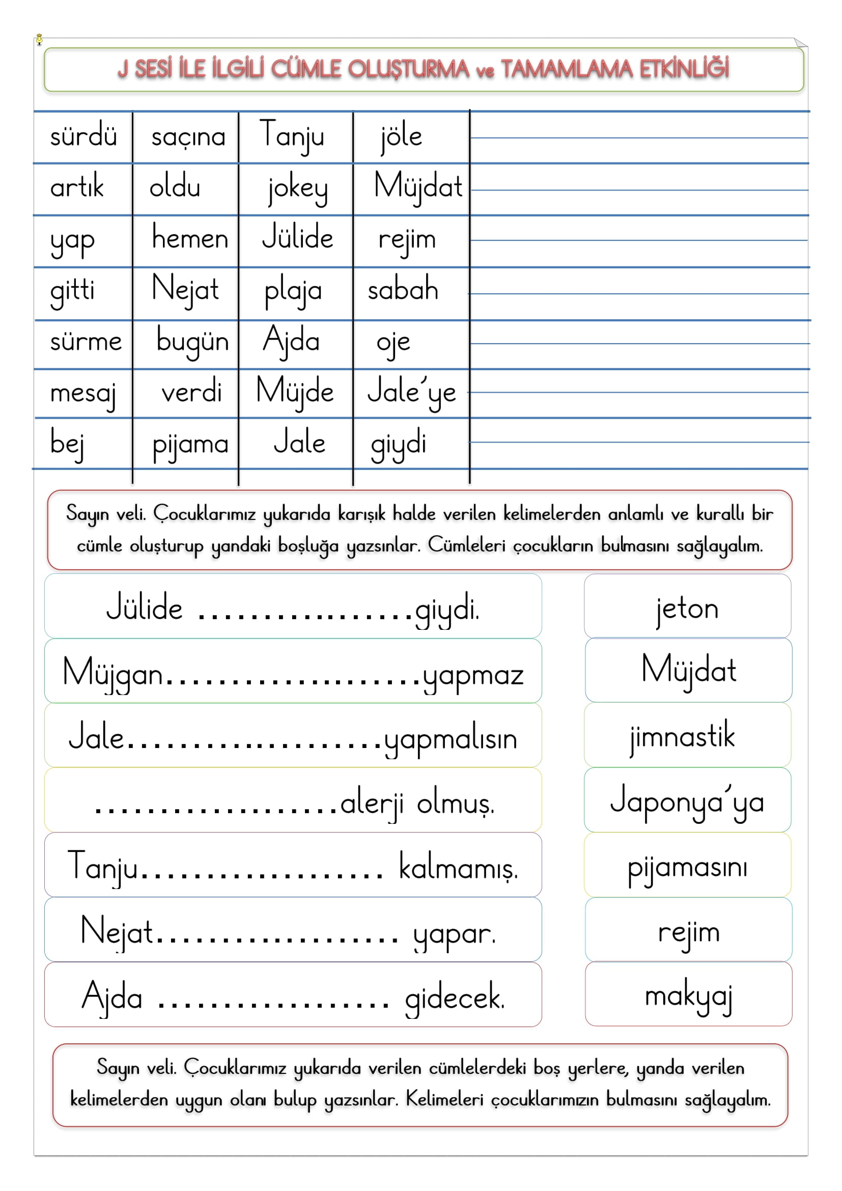 1.Sınıf İlk Okuma Yazma J Sesi Cümle Oluşturma ve Tamamlama Etkinliği