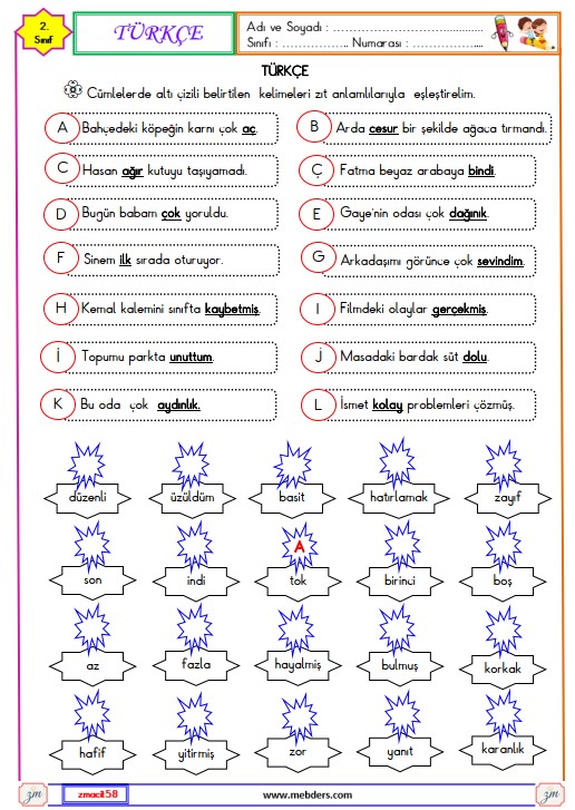 2. Sınıf Türkçe Zıt Anlamlı Kelimeler Etkinliği 2