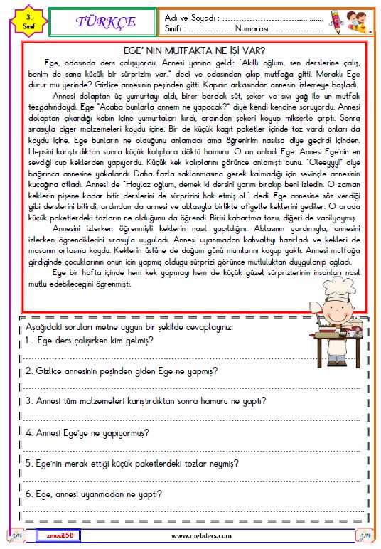 3. Sınıf Türkçe Okuma ve Anlama Metni Etkinliği (Ege'nin Mutfakta Ne İşi Var?)
