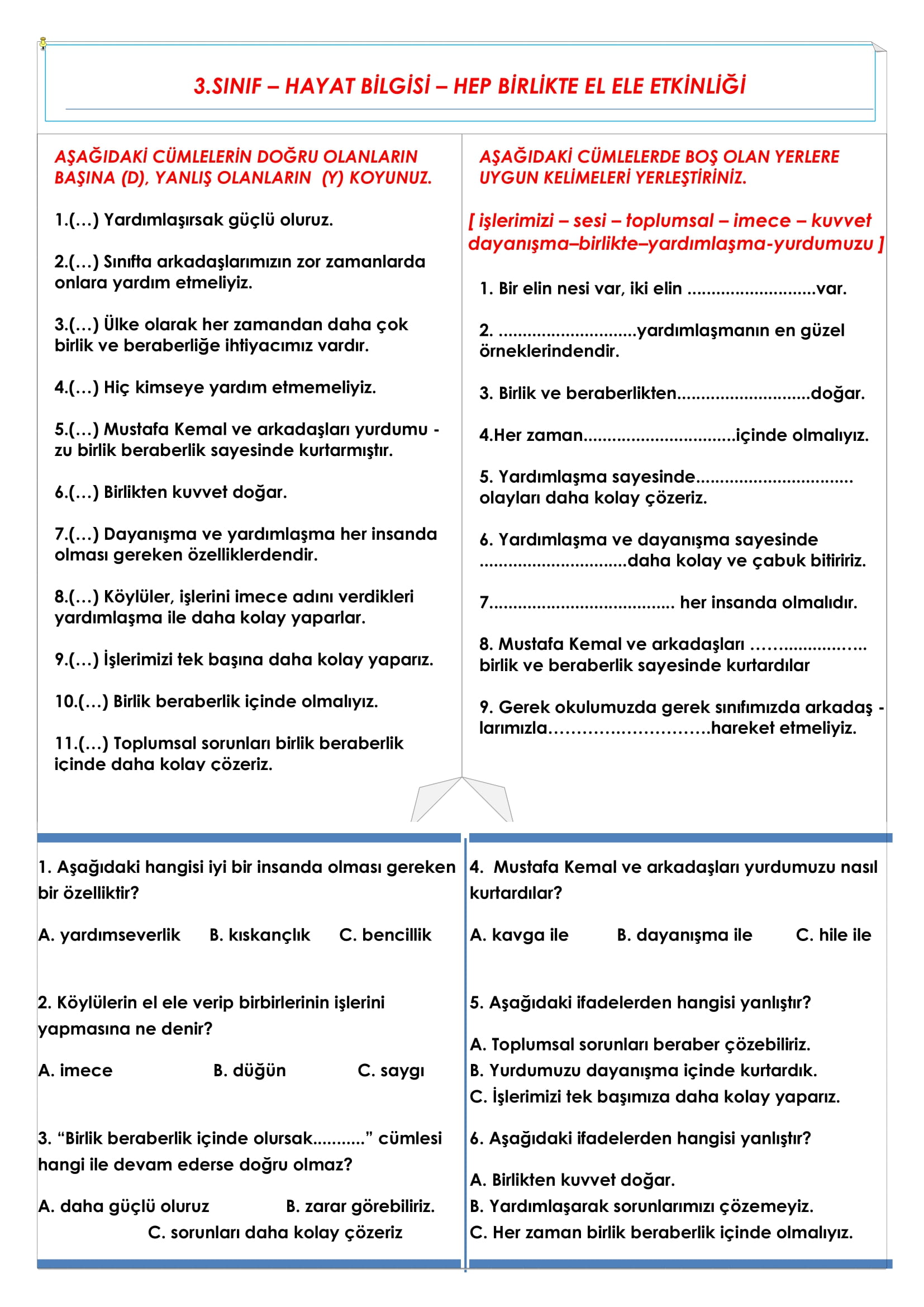 3.Sınıf - Hayat Bilgisi Hep Birlikte El Ele Etkinliği