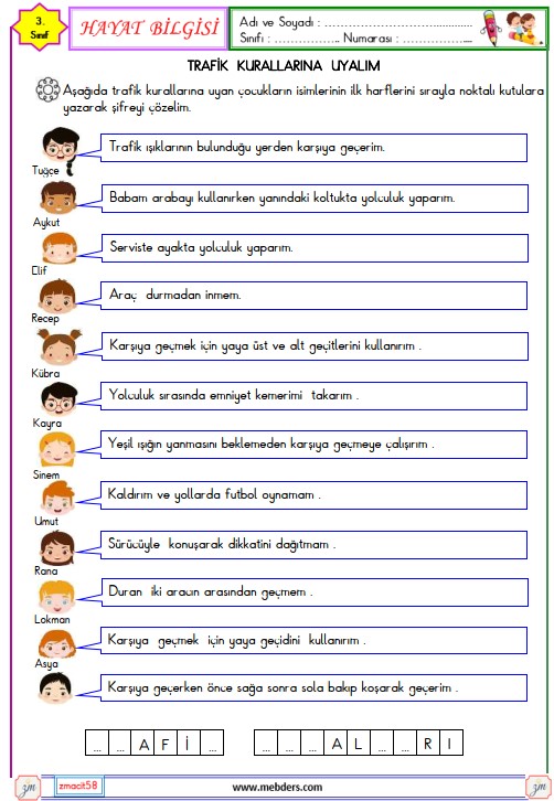 3. Sınıf Hayat Bilgisi Trafik Kurallarına Uyalım Etkinliği 2