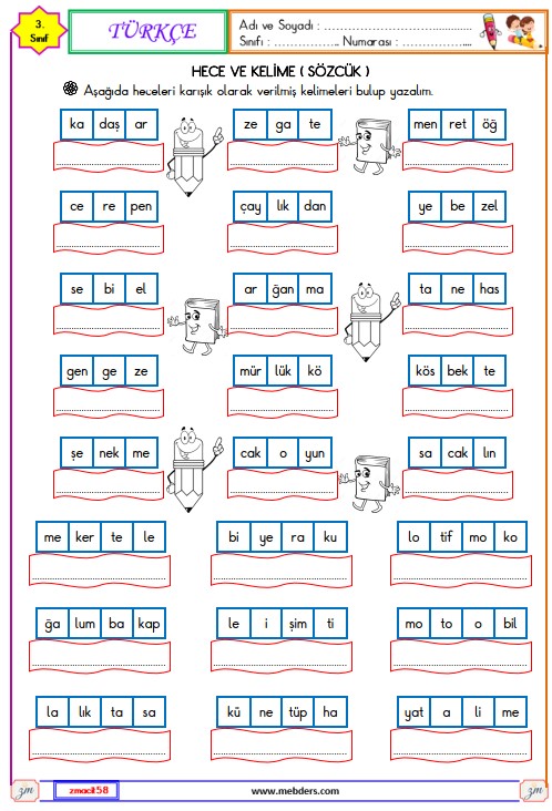 3. Sınıf Türkçe Hece ve Kelime Etkinliği 2
