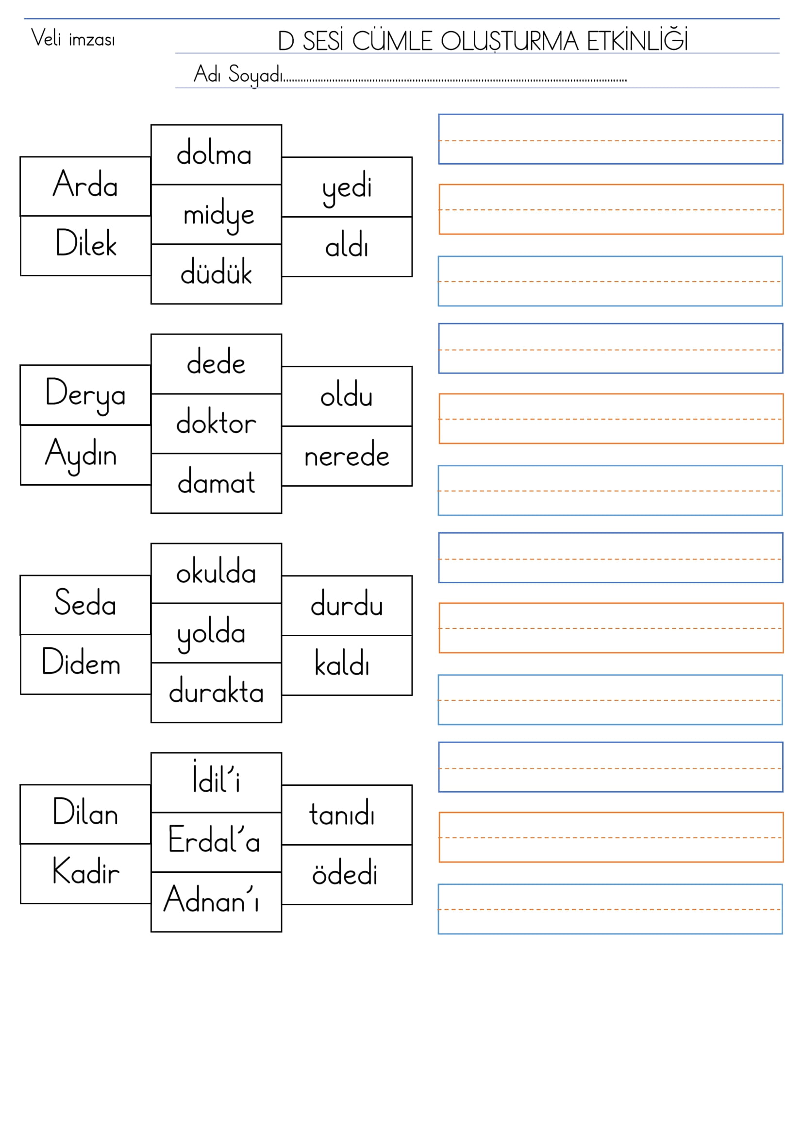 1. Sınıf D Sesi Cümle Oluşturma Etkinliği