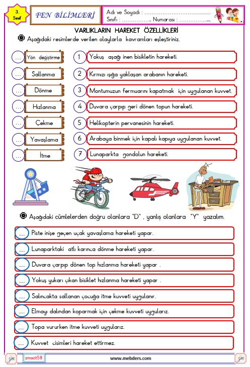 3. Sınıf Fen Bilimleri Varlıkların Hareket Özellikleri Etkinliği 2