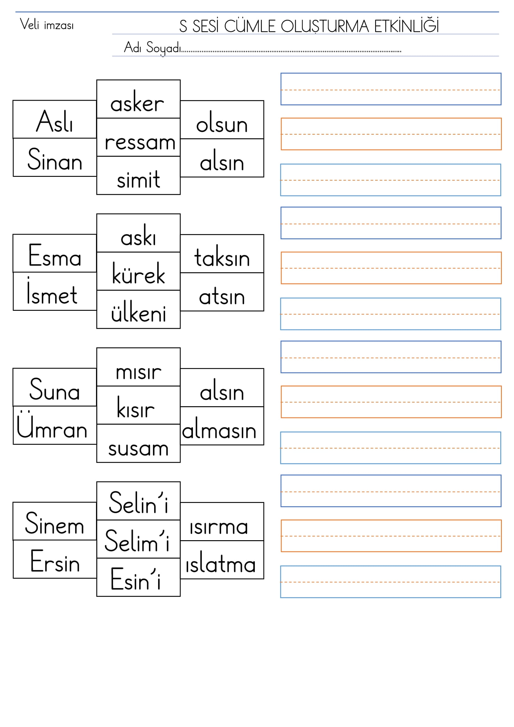 1. Sınıf S Sesi Cümle Oluşturma Etkinliği