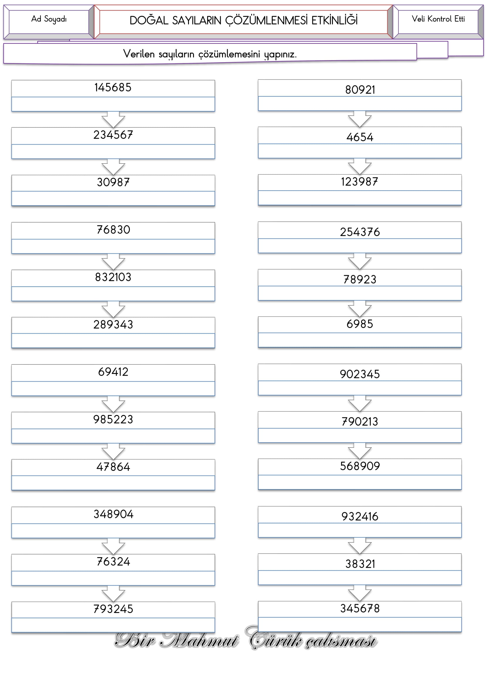 4.Sınıf Matematik 4.5.6. Basamaklı Sayıların Çözümlenmesi Etkinliği