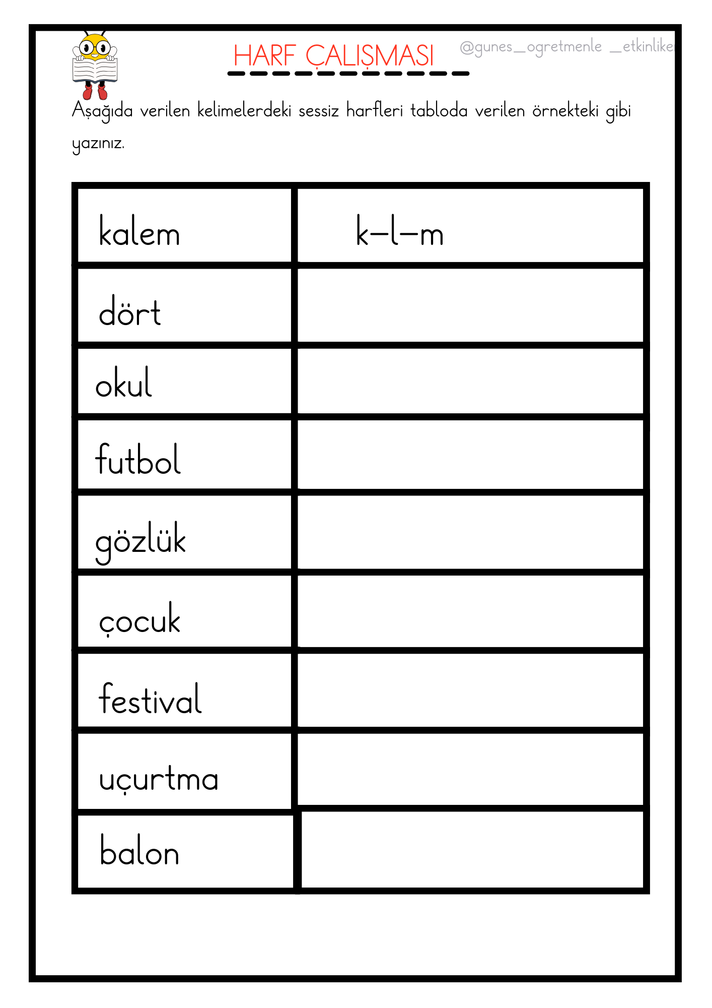 1.Sınıf Türkçe Sesli ve Sessiz Harf Çalışması