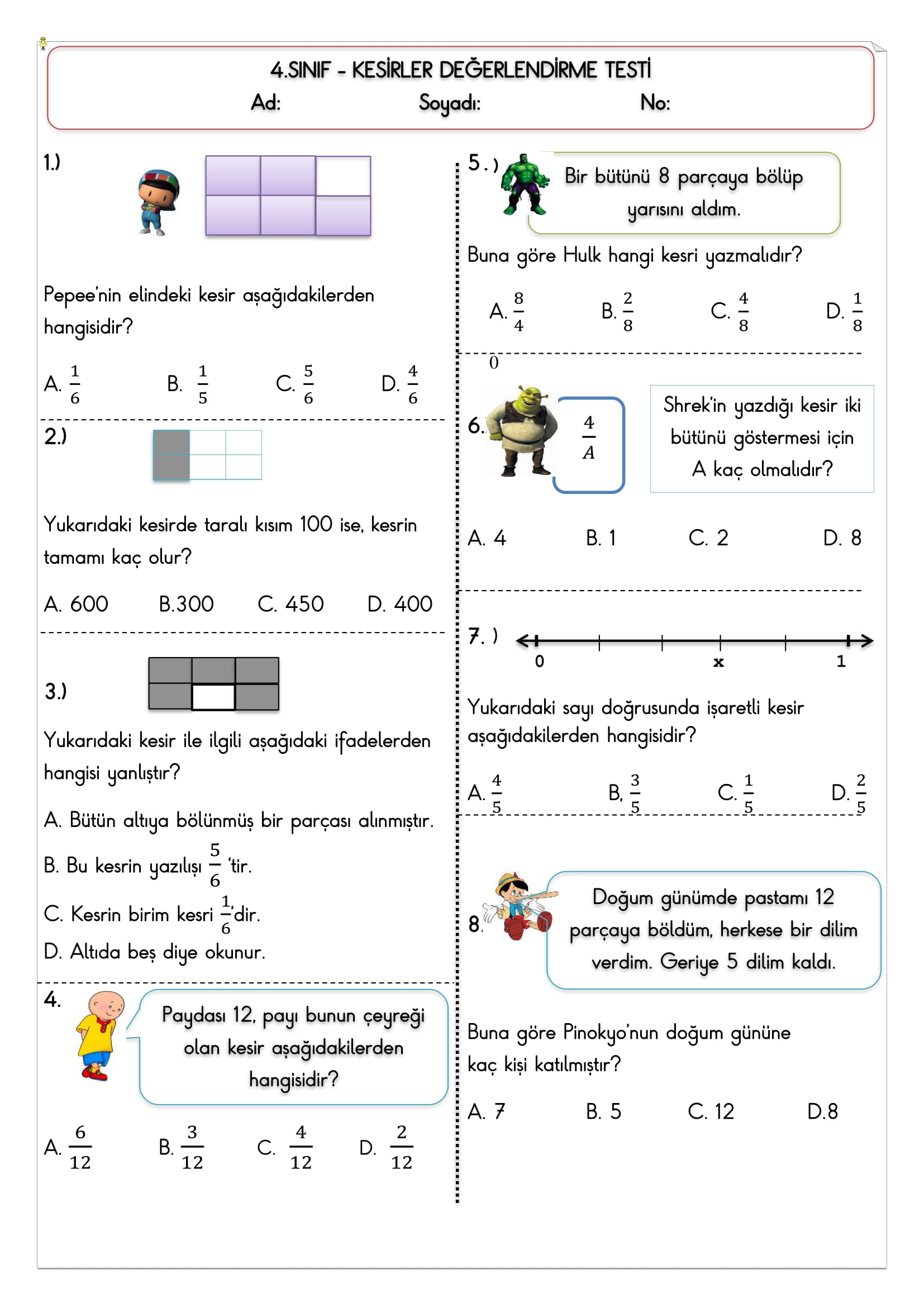 4.Sınıf Matematik - Kesirler  Değerlendirme Testi