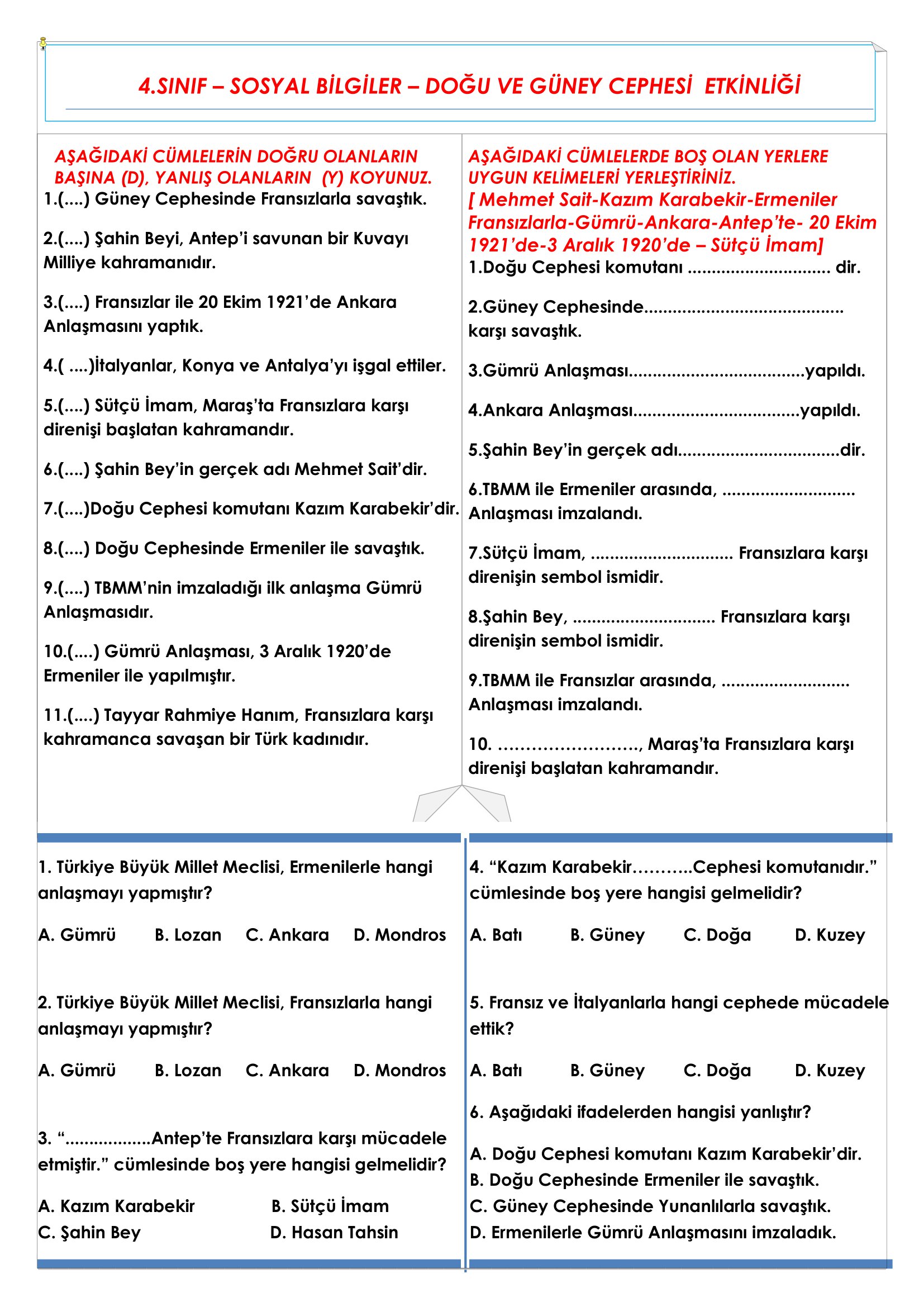 4.Sınıf - Sosyal Bilgiler - Kurtuluş Destanı (Doğu ve Güney Cephesi) Etkinliği