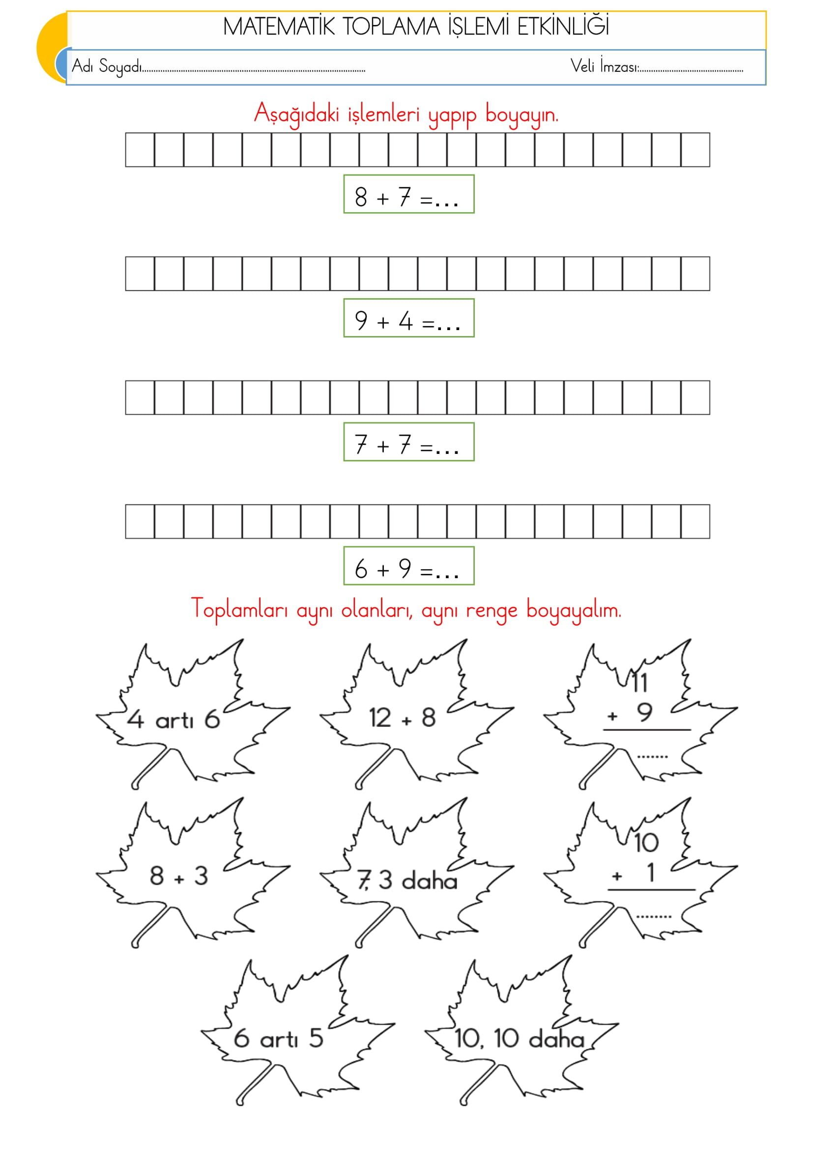 1.Sınıf Matematik Toplama İşlemi Etkinliği- 20