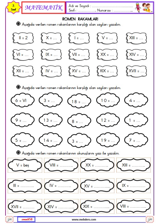 3. Sınıf Matematik Romen Rakamları Etkinliği 1