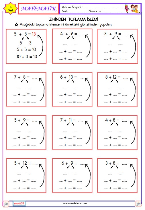 1. Sınıf Matematik Zihinden Toplama İşlemi Etkinliği 4