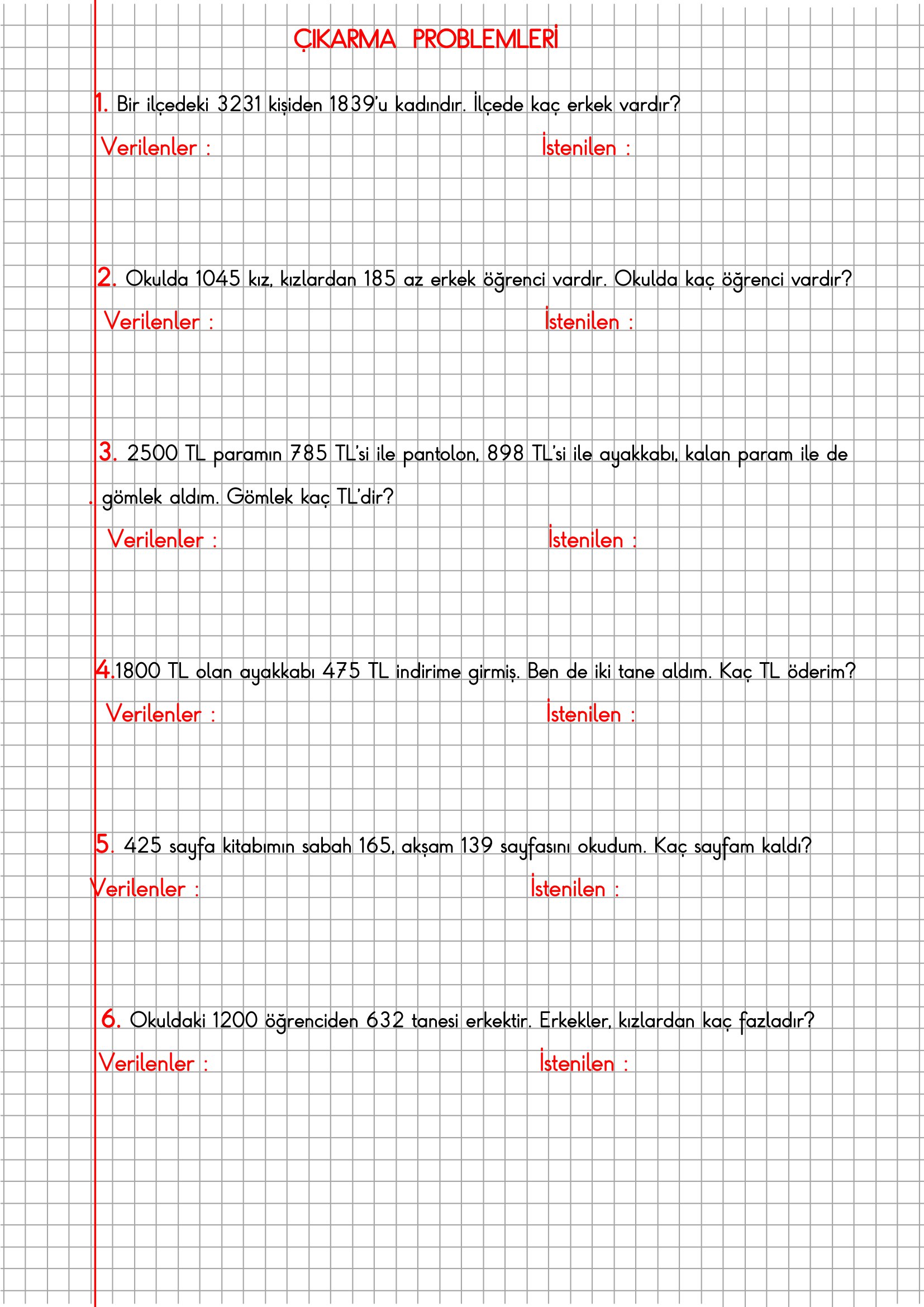 4.Sınıf Matematik Kareli Defterde Çıkarma Problemleri