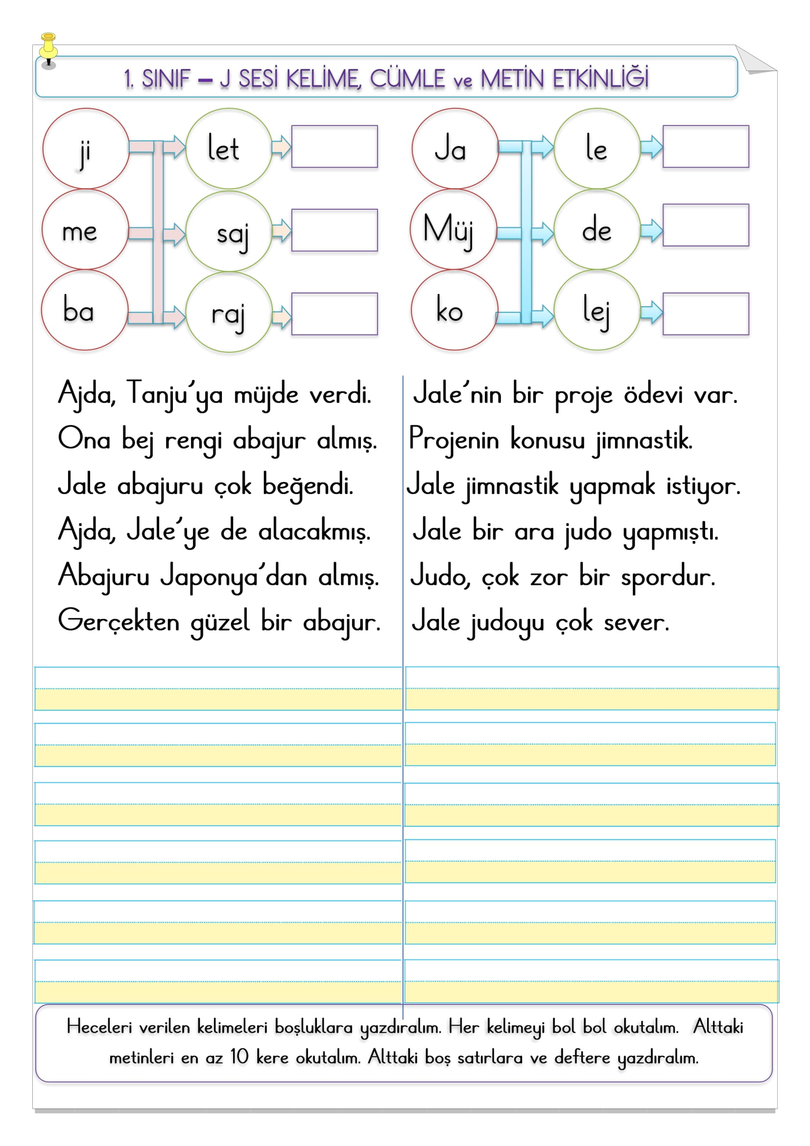 1.Sınıf İlk Okuma Yazma J Sesi Kelime, Cümle ve Metin Etkinliği