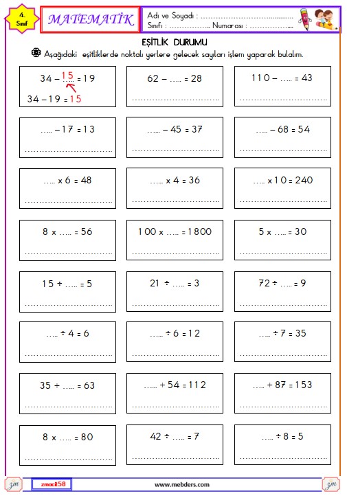 4. Sınıf Matematik Eşitliği Sağlayalım Etkinliği 1