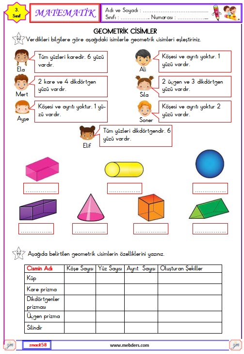 3. Sınıf Matematik Geometrik Cisimler Etkinliği 7