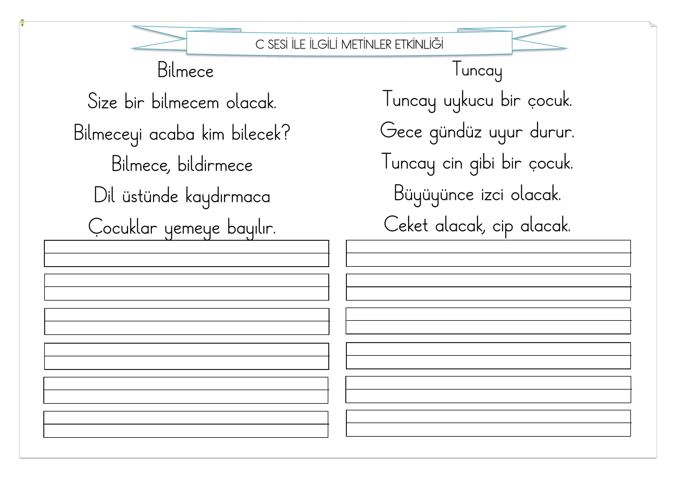 1.Sınıf İlk Okuma Yazma C Sesi Metinler Etkinliği