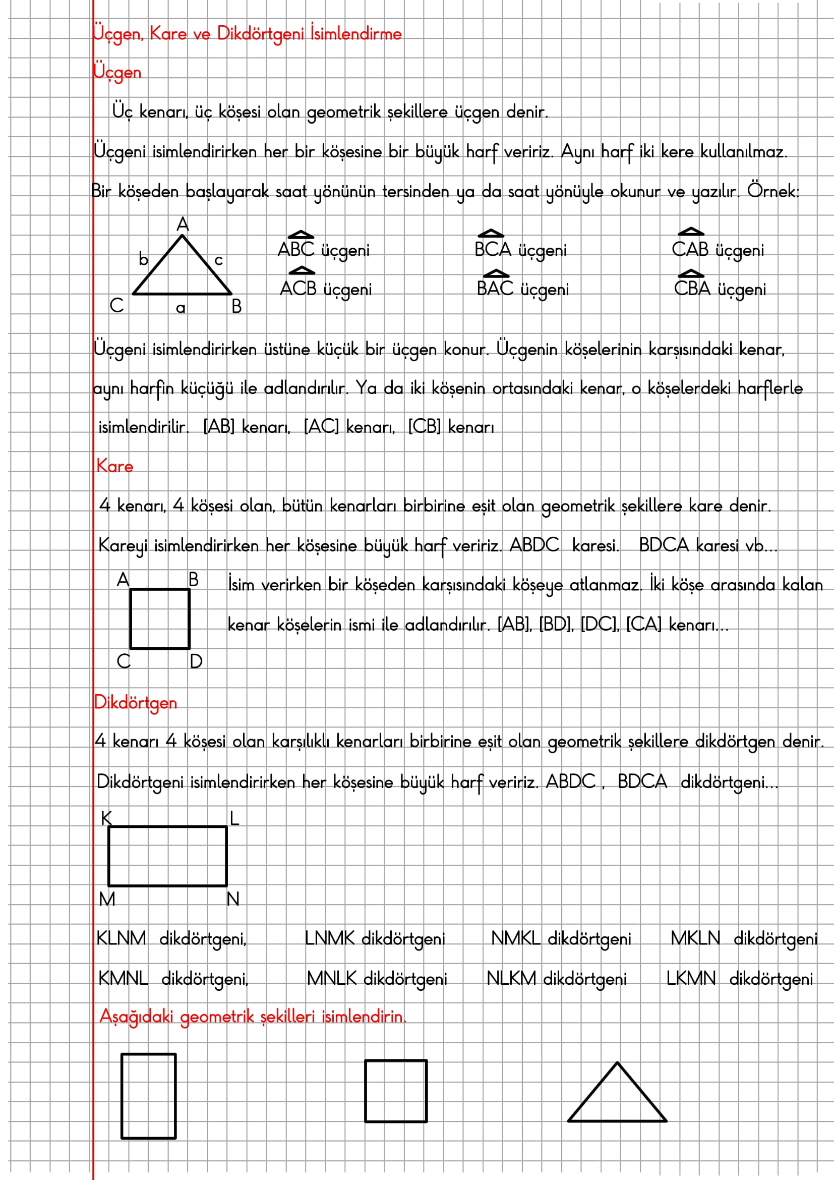 4.Sınıf Matematik Kareli Defterde Üçgen, Kare ve Dikdörtgeni İsimlendirme Konu Özeti