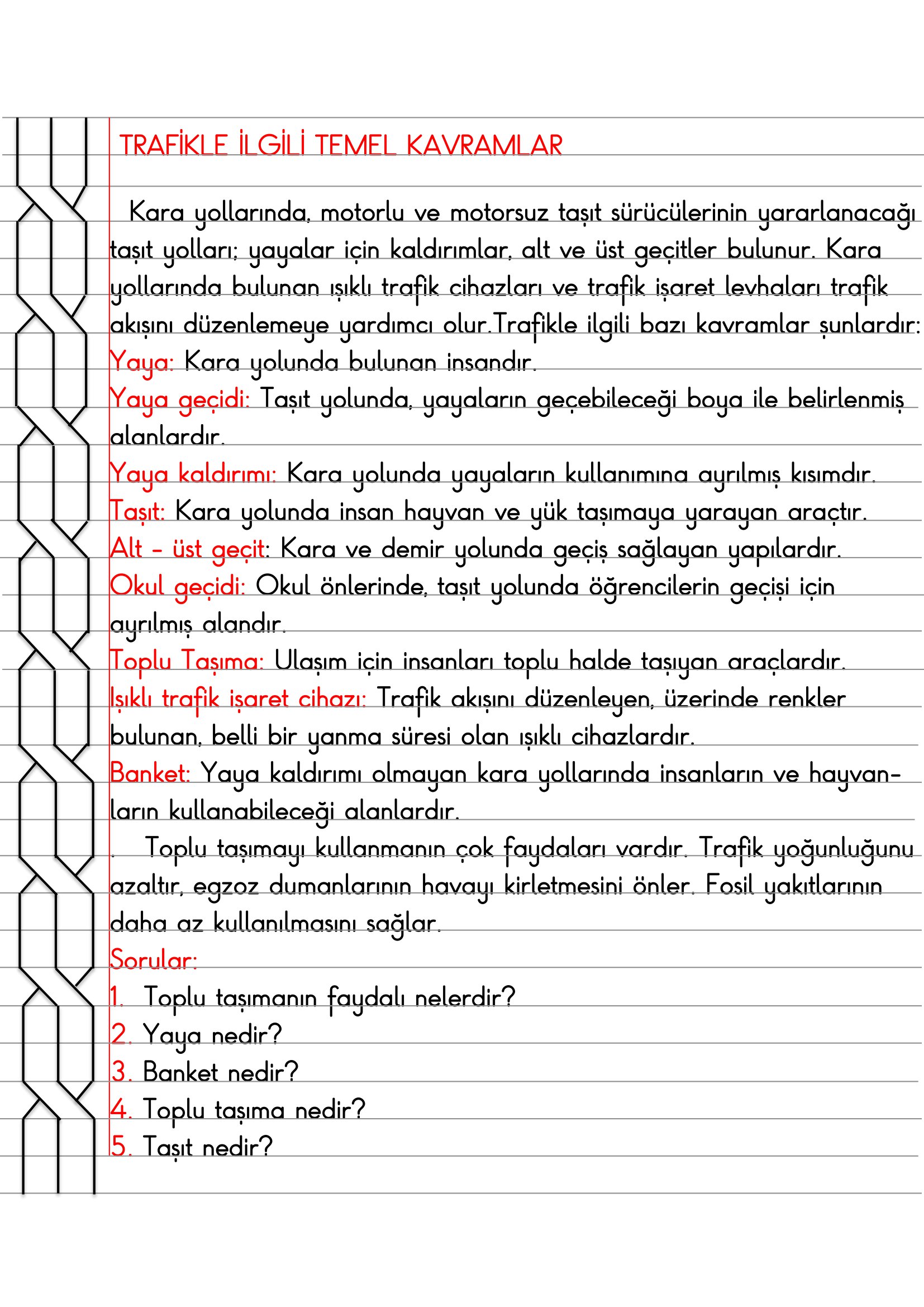 4.Sınıf Trafik Güvenliği Trafikle İlgili Temel Kavramlar Defter Özeti