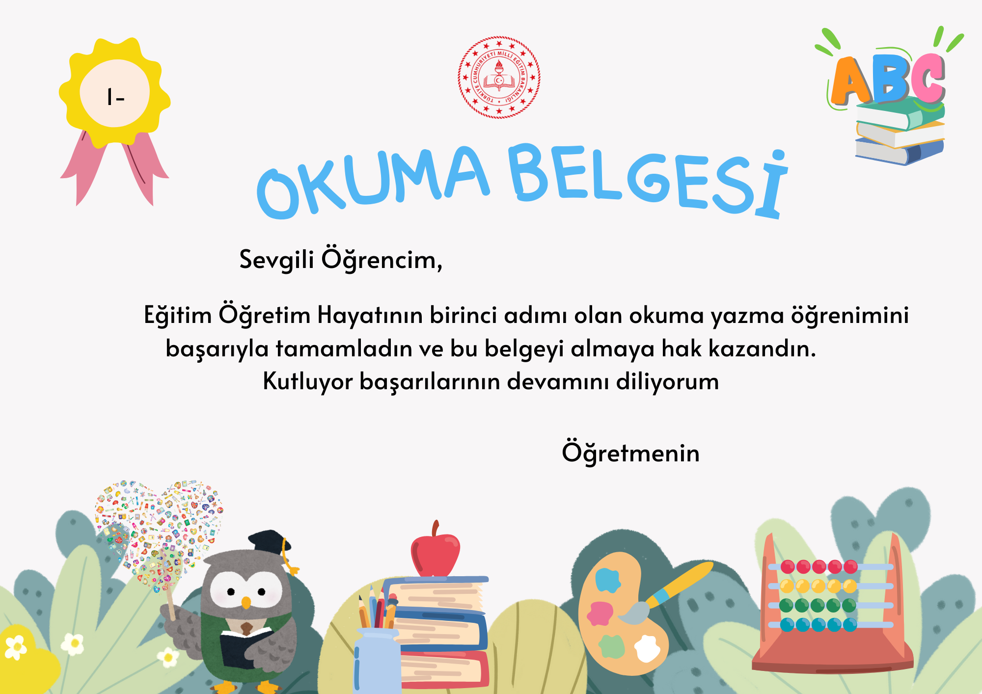 1.sınıf okuma belgesi