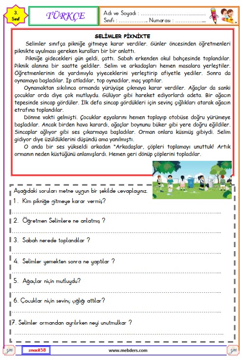 3. Sınıf Türkçe Okuma ve Anlama Metni Etkinliği (Selimler Piknikte) 2